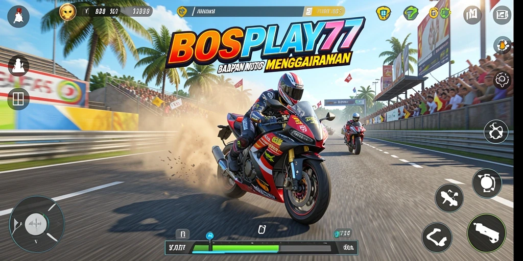 Screenshot utama BOSPLAY77 menampilkan aksi balapan motor yang seru dan mendebarkan.