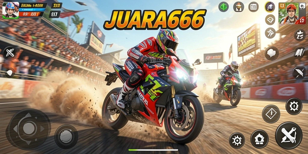 Tampilan gameplay JUARA666 yang mendebarkan dan penuh aksi balapan motor.