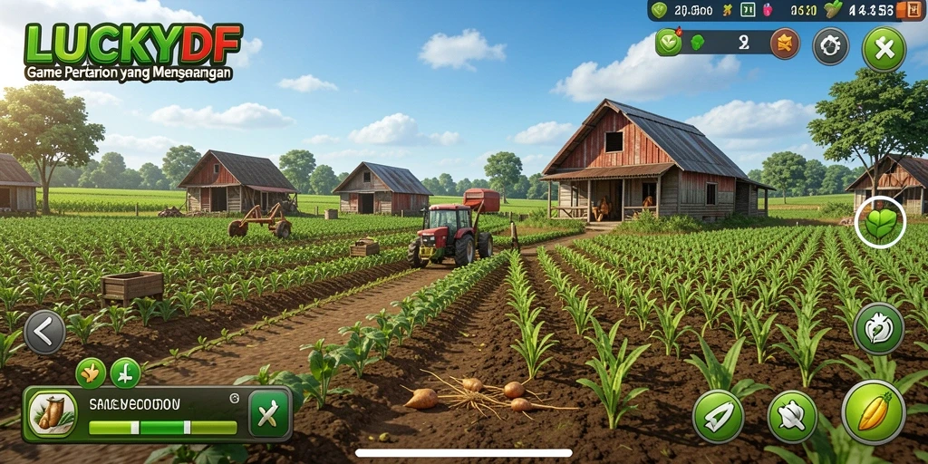 Screenshot gameplay LUCKYDF menampilkan kebun yang subur dan interaksi pemain.