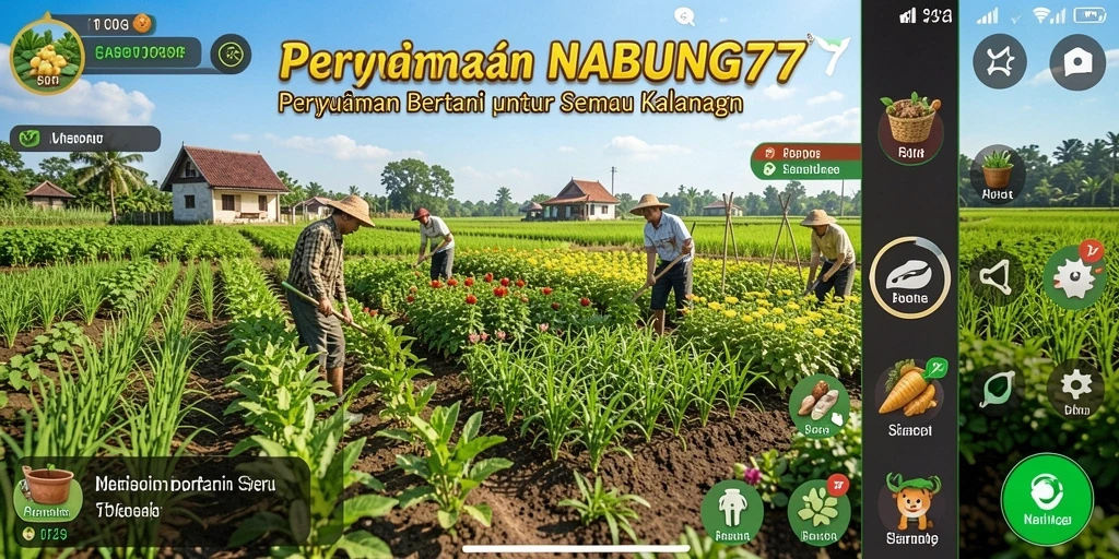 Screenshot dari gameplay NABUNG77 menampilkan ladang yang subur dan hewan ternak.