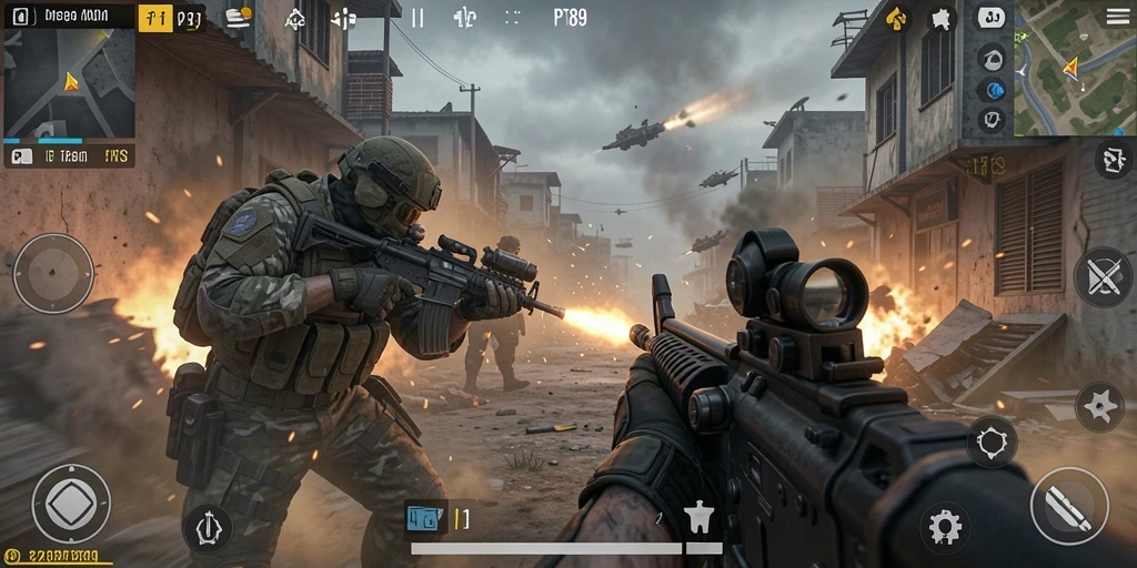 Screenshot menunjukkan aksi mendebarkan dalam gameplay FPS PT89.