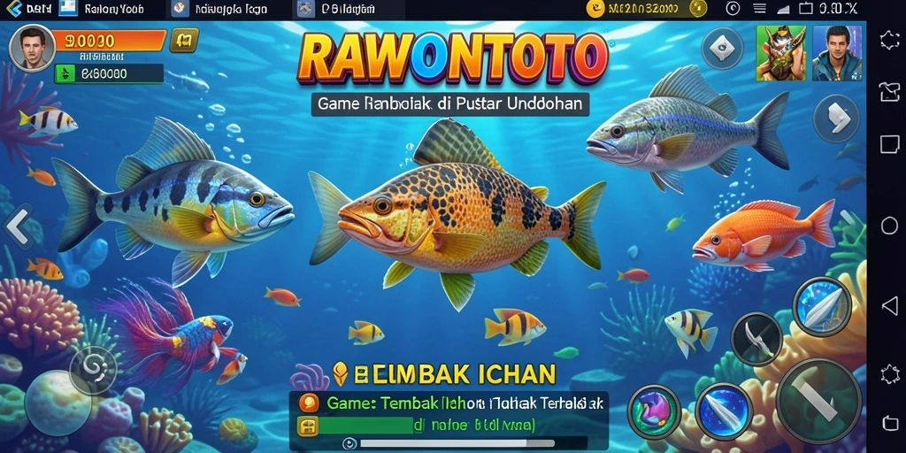 Tampilan gameplay seru dengan ikan berwarna-warni di RAWONTOTO.